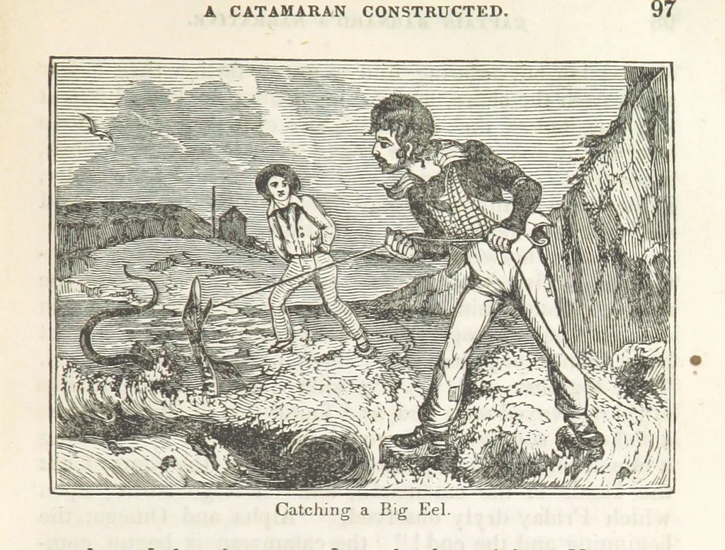 An illustration from Robinson Crusoe's own book; or, the voice of adventure from the civilized man cut off from his fellows ... and from the wanderer in strange seas and lands, etc, 1842, leaf 107