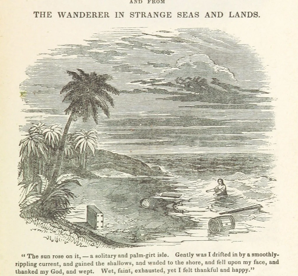 An illustration from Robinson Crusoe's own book; or, the voice of adventure from the civilized man cut off from his fellows ... and from the wanderer in strange seas and lands, etc, 1842, leaf 11