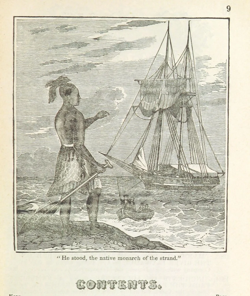 An illustration from Robinson Crusoe's own book; or, the voice of adventure from the civilized man cut off from his fellows ... and from the wanderer in strange seas and lands, etc, 1842, leaf 19