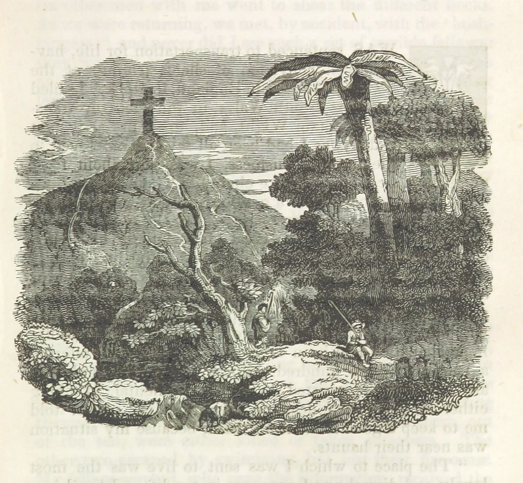 An illustration from Robinson Crusoe's own book; or, the voice of adventure from the civilized man cut off from his fellows ... and from the wanderer in strange seas and lands, etc, 1842, leaf 205