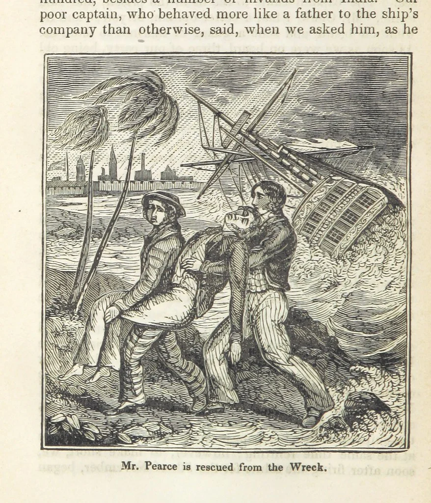 An illustration from Robinson Crusoe's own book; or, the voice of adventure from the civilized man cut off from his fellows ... and from the wanderer in strange seas and lands, etc, 1842, leaf 406