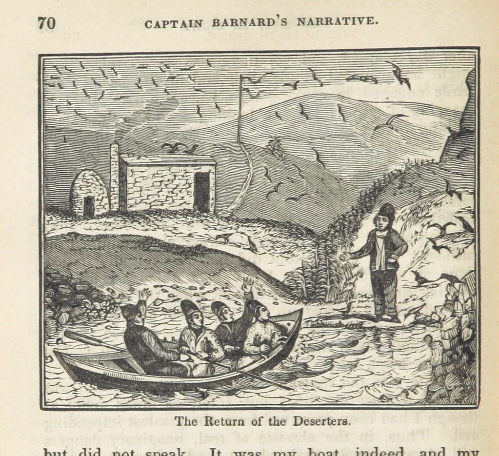 An illustration from Robinson Crusoe's own book; or, the voice of adventure from the civilized man cut off from his fellows ... and from the wanderer in strange seas and lands, etc, 1842, leaf 80