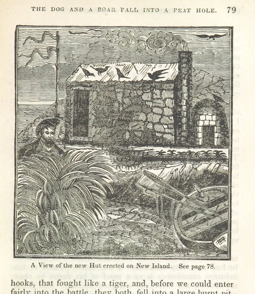 An illustration from Robinson Crusoe's own book; or, the voice of adventure from the civilized man cut off from his fellows ... and from the wanderer in strange seas and lands, etc, 1842, leaf 89