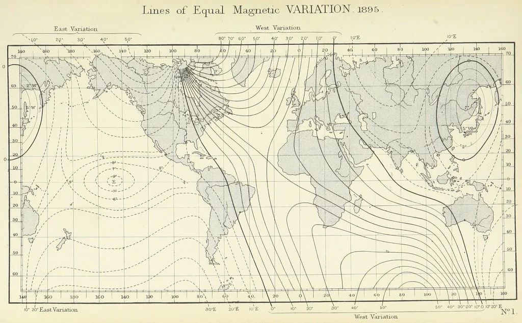 An illustration from Admiralty Manual for the Deviations of the Compass. Originally edited in 1862 by F. J. Evans ... and Archibald Smith ... Sixth edition. Published by order of ... the Admiralty. [With plates, 1893, leaf 241