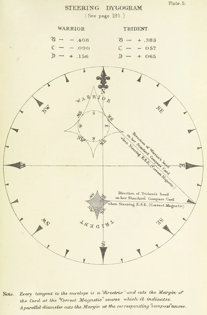 An illustration from Admiralty Manual for the Deviations of the Compass. Originally edited in 1862 by F. J. Evans ... and Archibald Smith ... Sixth edition. Published by order of ... the Admiralty. [With plates, 1893, leaf 257