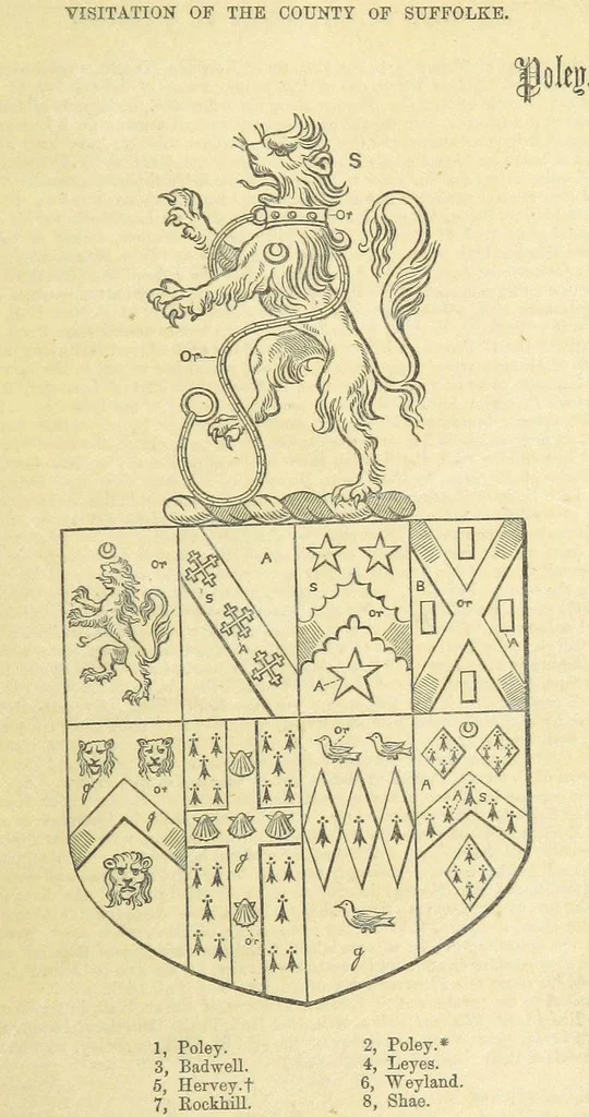 An illustration from The Visitation of Suffolk, made by William Hervey [in 1561] ... With additions from ... Jermyn, Davy, and other MSS. &c. Edited by J. J. Howard. [Extracted from “The East Anglian.”, 1866, leaf 351