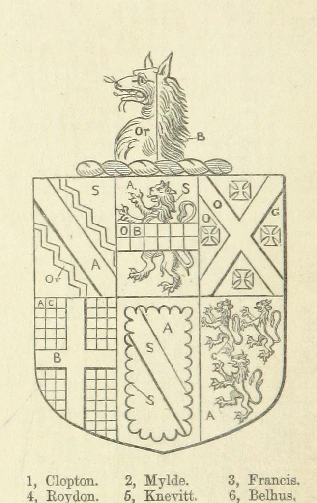 An illustration from The Visitation of Suffolk, made by William Hervey [in 1561] ... With additions from ... Jermyn, Davy, and other MSS. &c. Edited by J. J. Howard. [Extracted from “The East Anglian.”, 1866, leaf 58