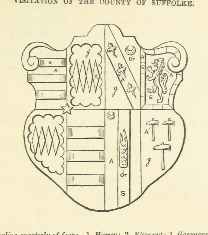 An illustration from The Visitation of Suffolk, made by William Hervey [in 1561] ... With additions from ... Jermyn, Davy, and other MSS. &c. Edited by J. J. Howard. [Extracted from “The East Anglian.”, 1866, leaf 185
