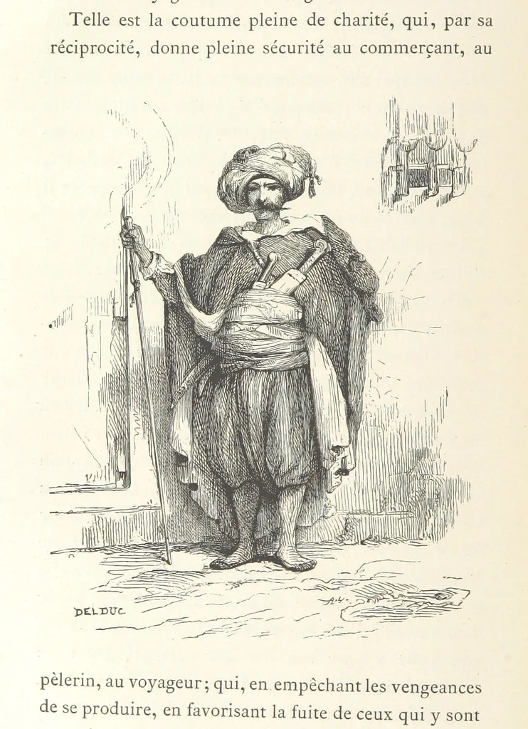 An illustration from Kabyles et Kroumirs ... Dessins de MM. Andrieux, Duhousset, C. Gosselin, II. Vogel, d'après le croquis de l'auteur. Gravure de F. Méaulle, 1882, leaf 184