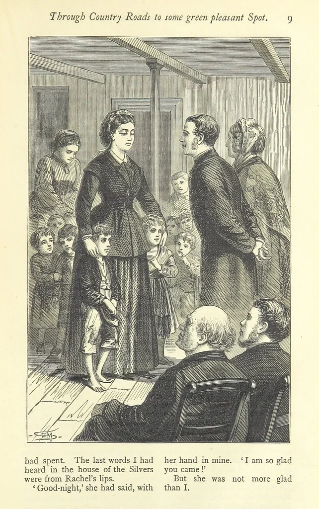 An illustration from Christmas Stories. Blade-O'-Grass, Golden Grain, and Bread and Cheese and Kisses, 1874, leaf 115
