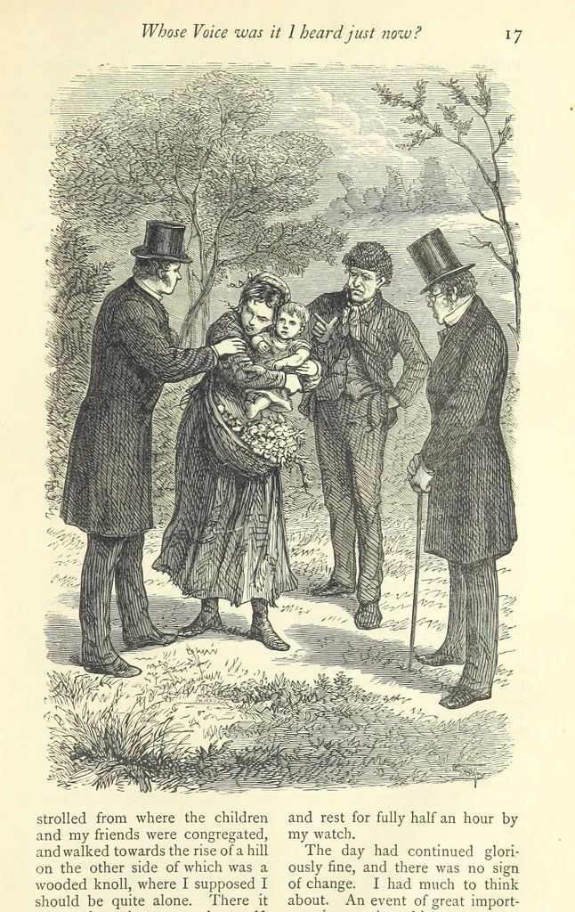An illustration from Christmas Stories. Blade-O'-Grass, Golden Grain, and Bread and Cheese and Kisses, 1874, leaf 123
