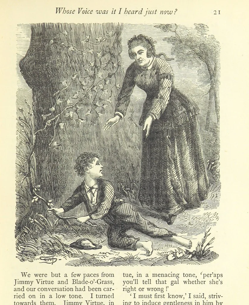 An illustration from Christmas Stories. Blade-O'-Grass, Golden Grain, and Bread and Cheese and Kisses, 1874, leaf 127