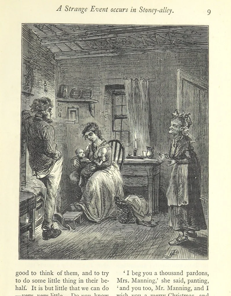 An illustration from Christmas Stories. Blade-O'-Grass, Golden Grain, and Bread and Cheese and Kisses, 1874, leaf 17