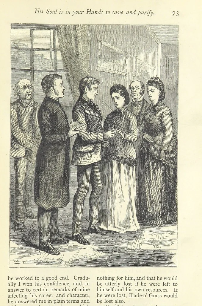 An illustration from Christmas Stories. Blade-O'-Grass, Golden Grain, and Bread and Cheese and Kisses, 1874, leaf 179