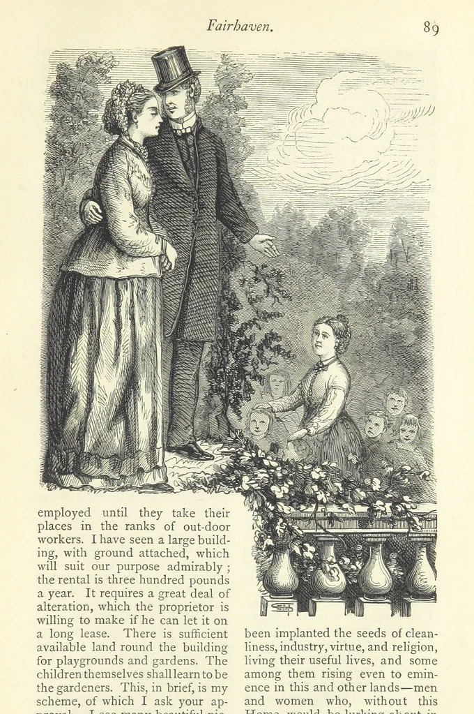 An illustration from Christmas Stories. Blade-O'-Grass, Golden Grain, and Bread and Cheese and Kisses, 1874, leaf 195