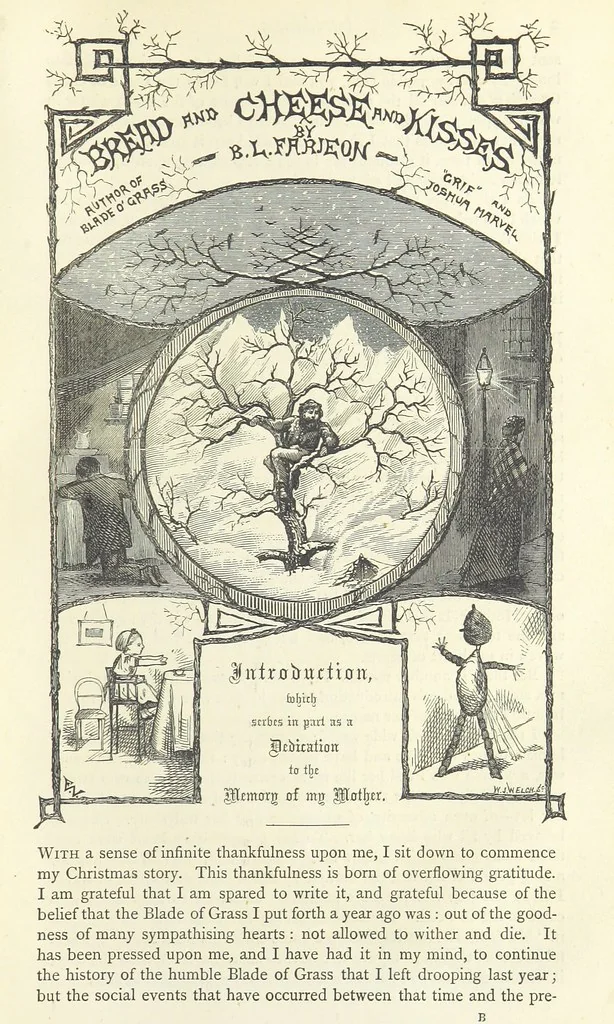 An illustration from Christmas Stories. Blade-O'-Grass, Golden Grain, and Bread and Cheese and Kisses, 1874, leaf 205
