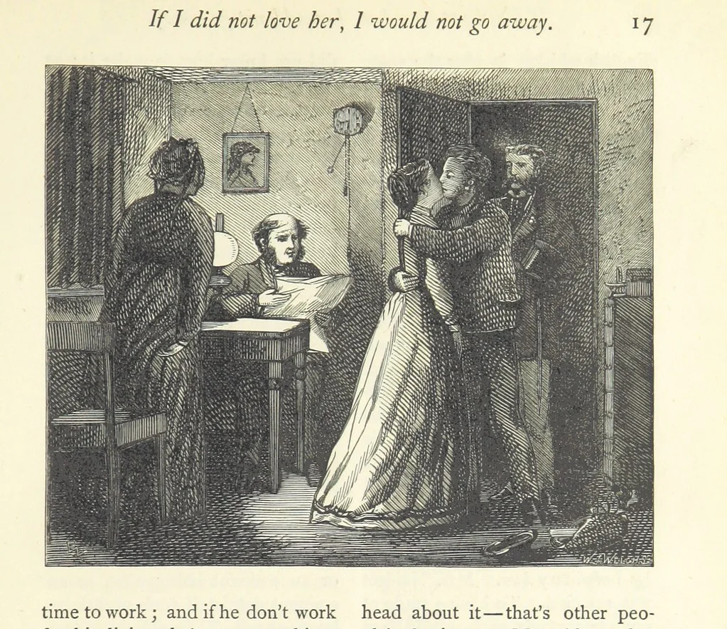 An illustration from Christmas Stories. Blade-O'-Grass, Golden Grain, and Bread and Cheese and Kisses, 1874, leaf 221