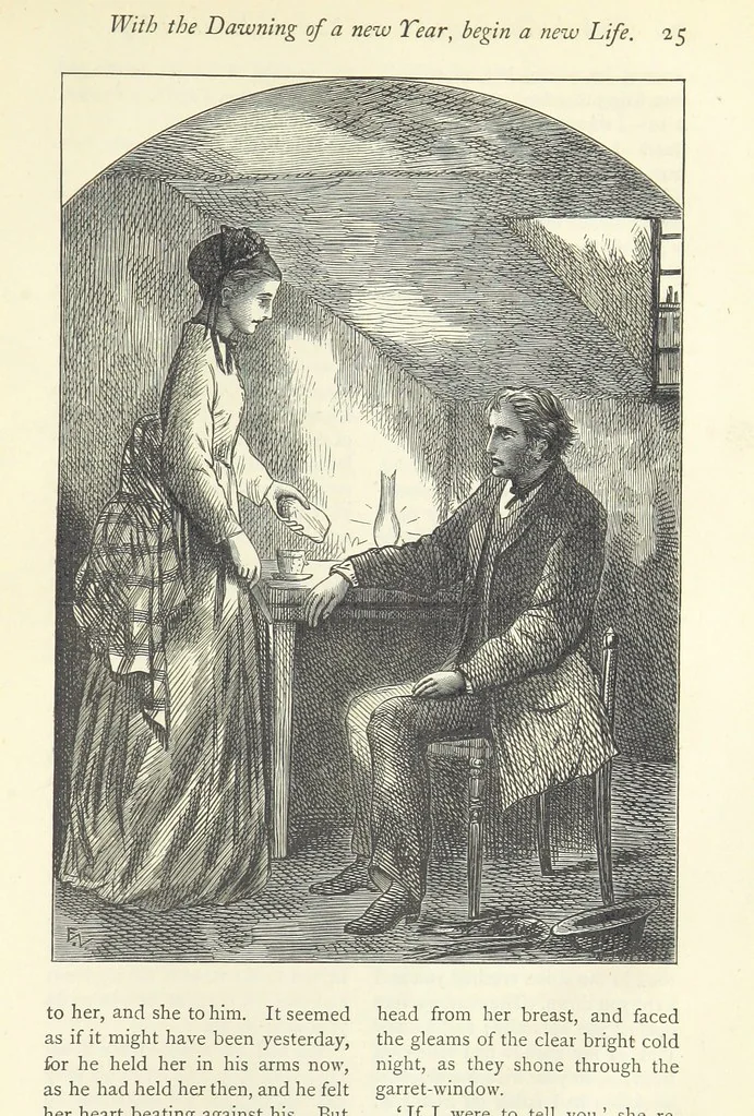 An illustration from Christmas Stories. Blade-O'-Grass, Golden Grain, and Bread and Cheese and Kisses, 1874, leaf 229