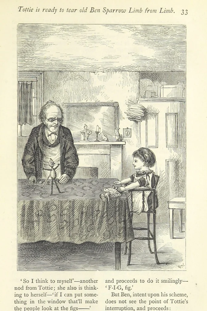 An illustration from Christmas Stories. Blade-O'-Grass, Golden Grain, and Bread and Cheese and Kisses, 1874, leaf 237
