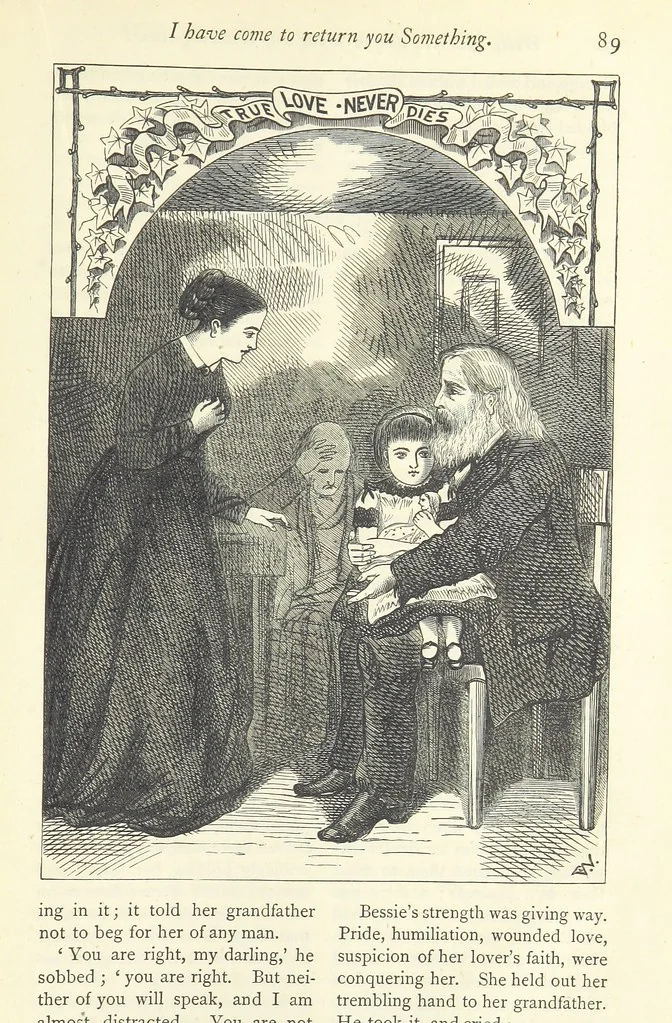 An illustration from Christmas Stories. Blade-O'-Grass, Golden Grain, and Bread and Cheese and Kisses, 1874, leaf 293