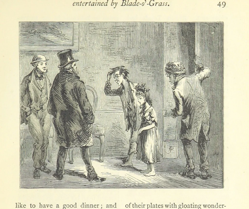 An illustration from Christmas Stories. Blade-O'-Grass, Golden Grain, and Bread and Cheese and Kisses, 1874, leaf 57