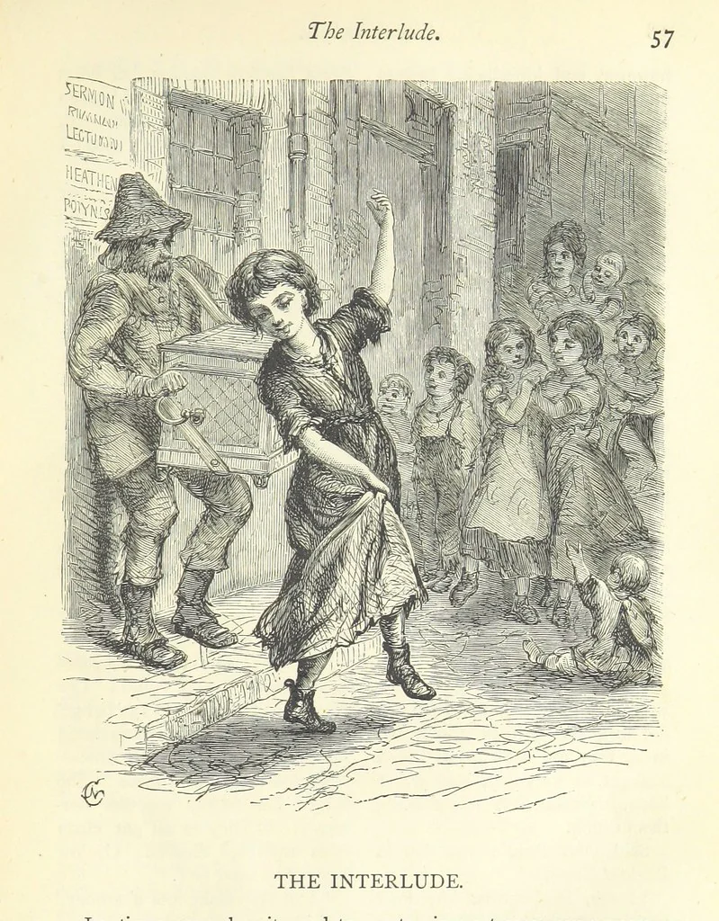 An illustration from Christmas Stories. Blade-O'-Grass, Golden Grain, and Bread and Cheese and Kisses, 1874, leaf 65