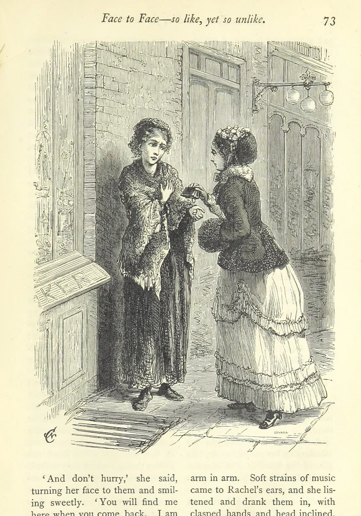 An illustration from Christmas Stories. Blade-O'-Grass, Golden Grain, and Bread and Cheese and Kisses, 1874, leaf 81