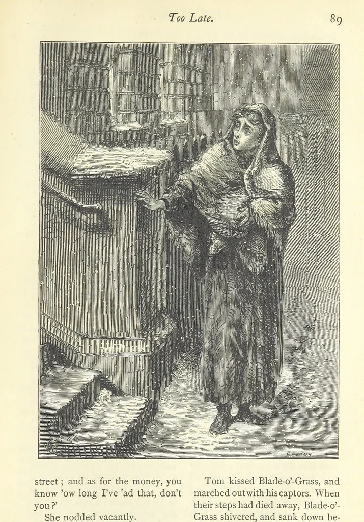 An illustration from Christmas Stories. Blade-O'-Grass, Golden Grain, and Bread and Cheese and Kisses, 1874, leaf 97