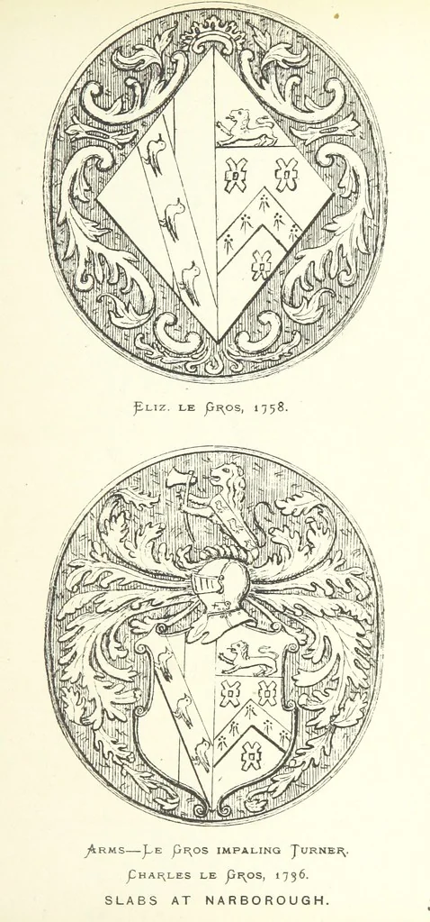 An illustration from The Church Heraldry of Norfolk: a description of all coats of arms on brasses, monuments, etc., now to be found in the county. Illustrated ... With Notes from the inscriptions attached, 1885, leaf 117