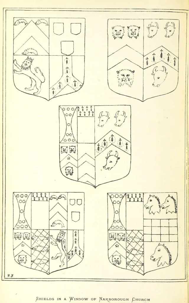 An illustration from The Church Heraldry of Norfolk: a description of all coats of arms on brasses, monuments, etc., now to be found in the county. Illustrated ... With Notes from the inscriptions attached, 1885, leaf 124