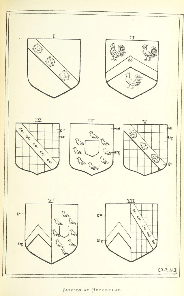 An illustration from The Church Heraldry of Norfolk: a description of all coats of arms on brasses, monuments, etc., now to be found in the county. Illustrated ... With Notes from the inscriptions attached, 1885, leaf 157