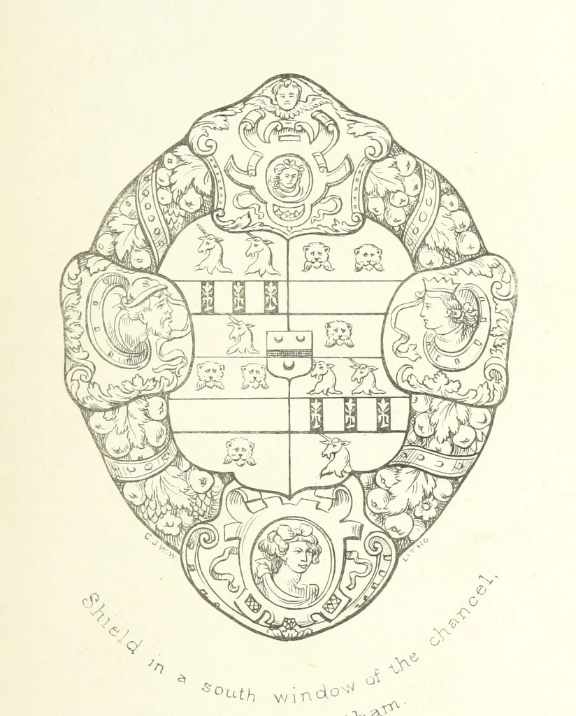 An illustration from The Church Heraldry of Norfolk: a description of all coats of arms on brasses, monuments, etc., now to be found in the county. Illustrated ... With Notes from the inscriptions attached, 1885, leaf 209