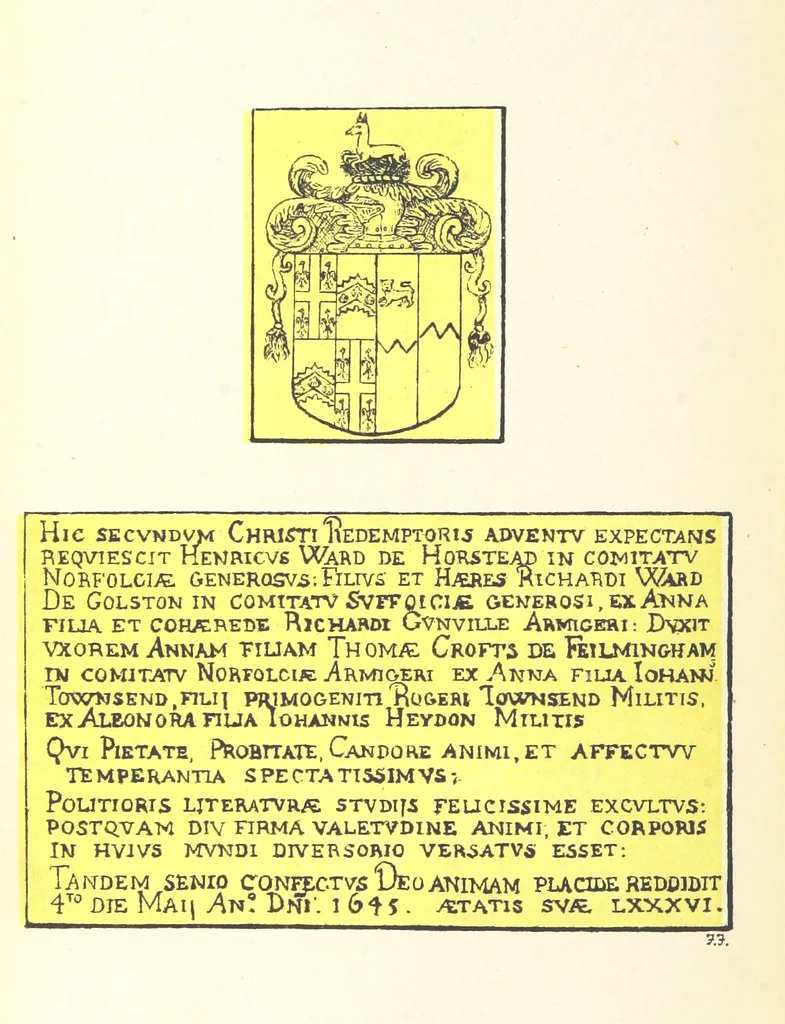 An illustration from The Church Heraldry of Norfolk: a description of all coats of arms on brasses, monuments, etc., now to be found in the county. Illustrated ... With Notes from the inscriptions attached, 1885, leaf 348