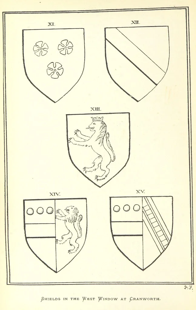 An illustration from The Church Heraldry of Norfolk: a description of all coats of arms on brasses, monuments, etc., now to be found in the county. Illustrated ... With Notes from the inscriptions attached, 1885, leaf 404