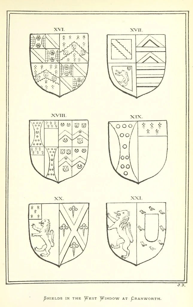 An illustration from The Church Heraldry of Norfolk: a description of all coats of arms on brasses, monuments, etc., now to be found in the county. Illustrated ... With Notes from the inscriptions attached, 1885, leaf 407