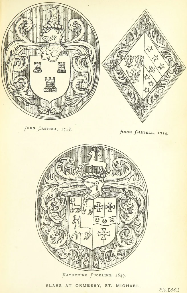 An illustration from The Church Heraldry of Norfolk: a description of all coats of arms on brasses, monuments, etc., now to be found in the county. Illustrated ... With Notes from the inscriptions attached, 1885, leaf 457