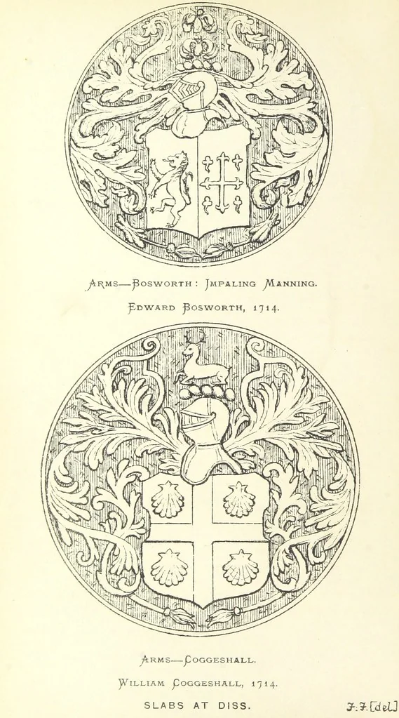 An illustration from The Church Heraldry of Norfolk: a description of all coats of arms on brasses, monuments, etc., now to be found in the county. Illustrated ... With Notes from the inscriptions attached, 1885, leaf 56