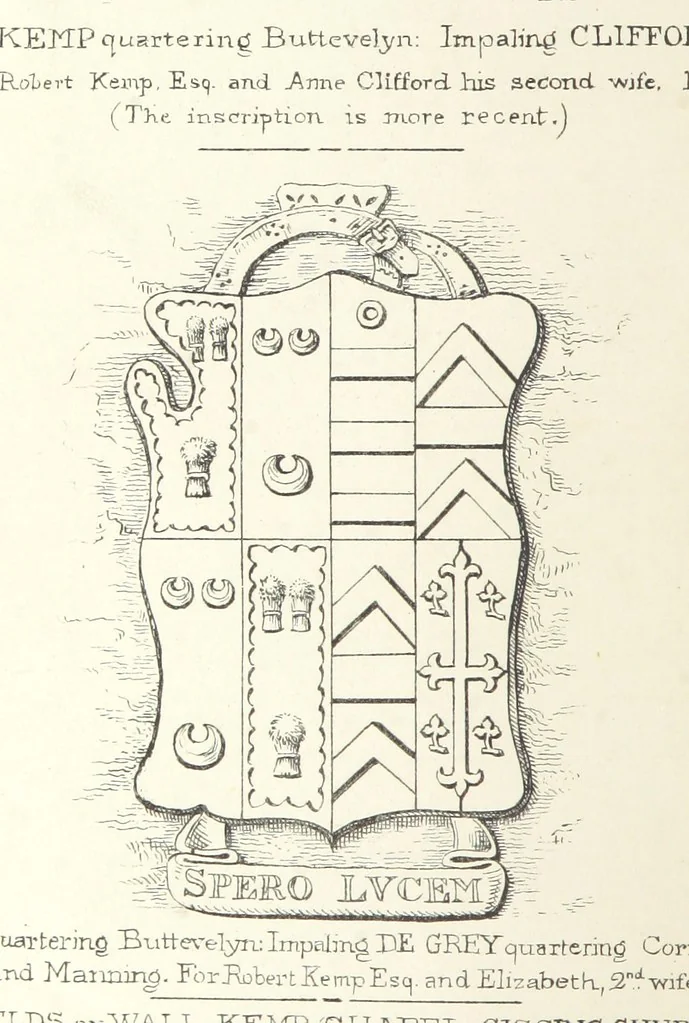 An illustration from The Church Heraldry of Norfolk: a description of all coats of arms on brasses, monuments, etc., now to be found in the county. Illustrated ... With Notes from the inscriptions attached, 1885, leaf 66