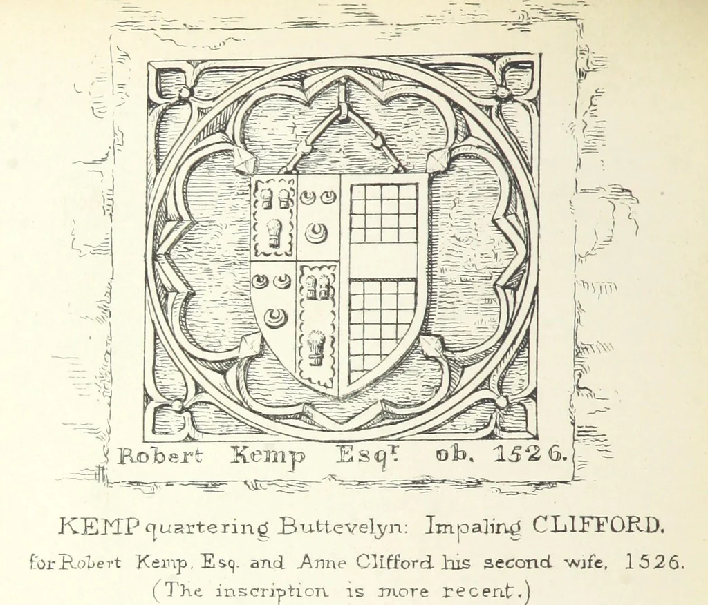 An illustration from The Church Heraldry of Norfolk: a description of all coats of arms on brasses, monuments, etc., now to be found in the county. Illustrated ... With Notes from the inscriptions attached, 1885, leaf 66