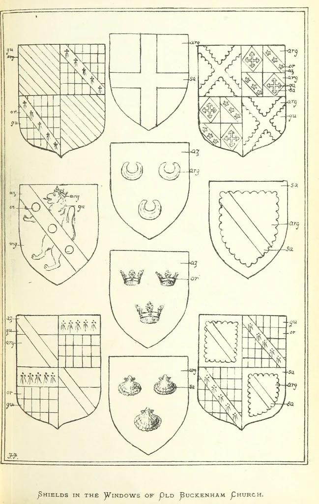 An illustration from The Church Heraldry of Norfolk: a description of all coats of arms on brasses, monuments, etc., now to be found in the county. Illustrated ... With Notes from the inscriptions attached, 1885, leaf 93