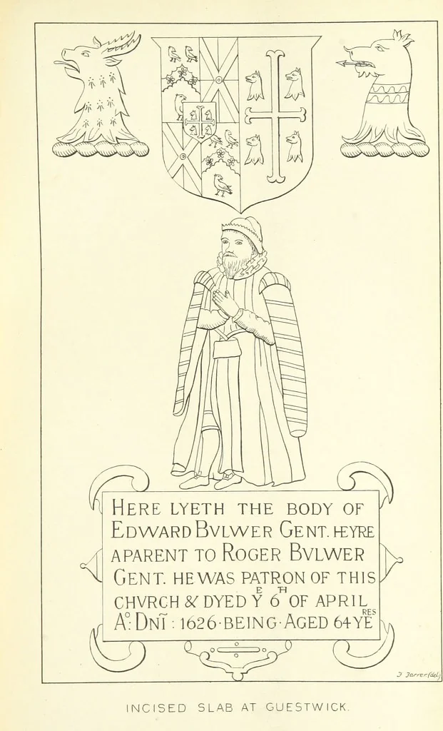 An illustration from The Church Heraldry of Norfolk: a description of all coats of arms on brasses, monuments, etc., now to be found in the county. Illustrated ... With Notes from the inscriptions attached, 1885, leaf 105