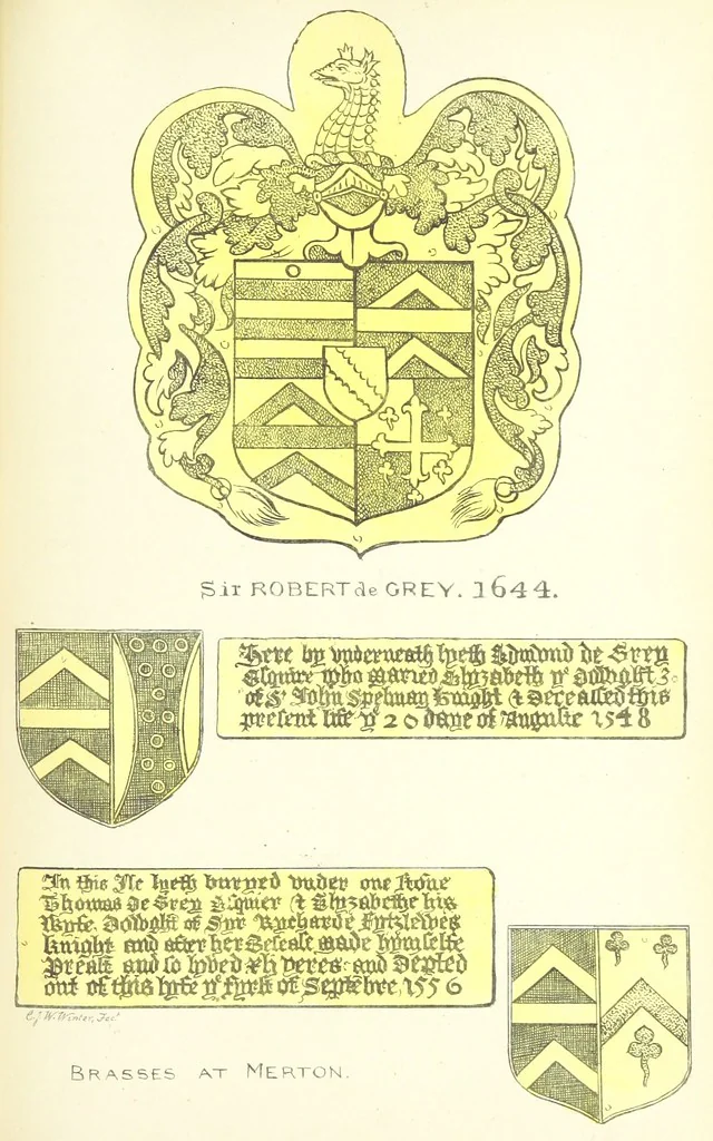 An illustration from The Church Heraldry of Norfolk: a description of all coats of arms on brasses, monuments, etc., now to be found in the county. Illustrated ... With Notes from the inscriptions attached, 1885, leaf 197
