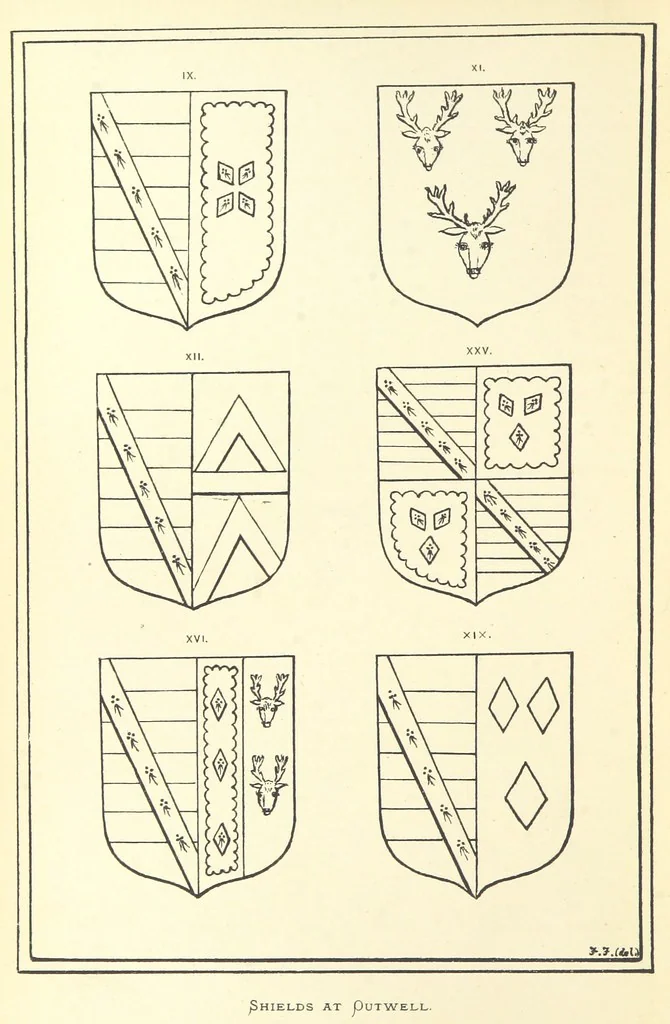 An illustration from The Church Heraldry of Norfolk: a description of all coats of arms on brasses, monuments, etc., now to be found in the county. Illustrated ... With Notes from the inscriptions attached, 1885, leaf 252