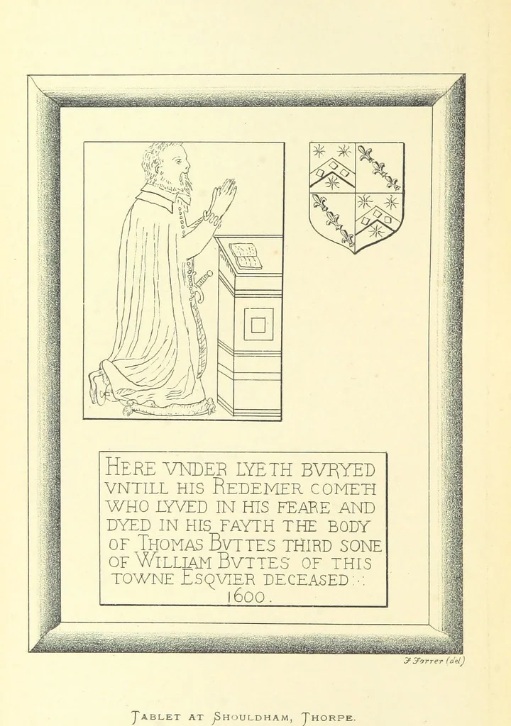 An illustration from The Church Heraldry of Norfolk: a description of all coats of arms on brasses, monuments, etc., now to be found in the county. Illustrated ... With Notes from the inscriptions attached, 1885, leaf 260