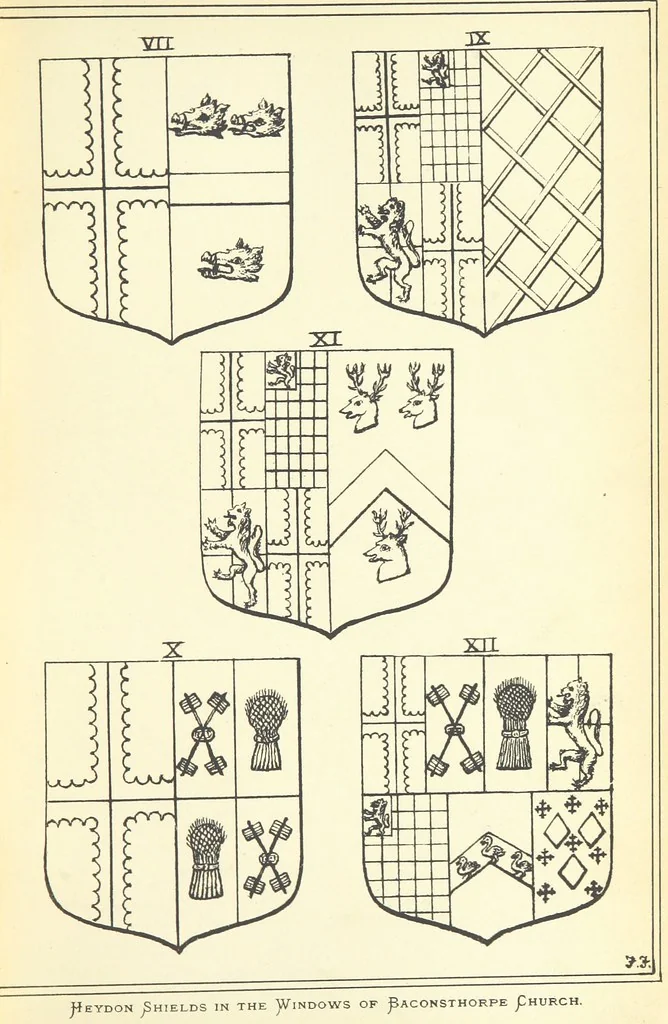 An illustration from The Church Heraldry of Norfolk: a description of all coats of arms on brasses, monuments, etc., now to be found in the county. Illustrated ... With Notes from the inscriptions attached, 1885, leaf 29