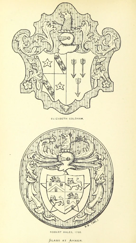 An illustration from The Church Heraldry of Norfolk: a description of all coats of arms on brasses, monuments, etc., now to be found in the county. Illustrated ... With Notes from the inscriptions attached, 1885, leaf 322