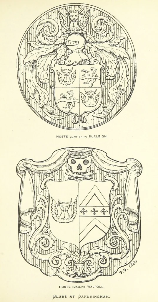 An illustration from The Church Heraldry of Norfolk: a description of all coats of arms on brasses, monuments, etc., now to be found in the county. Illustrated ... With Notes from the inscriptions attached, 1885, leaf 357
