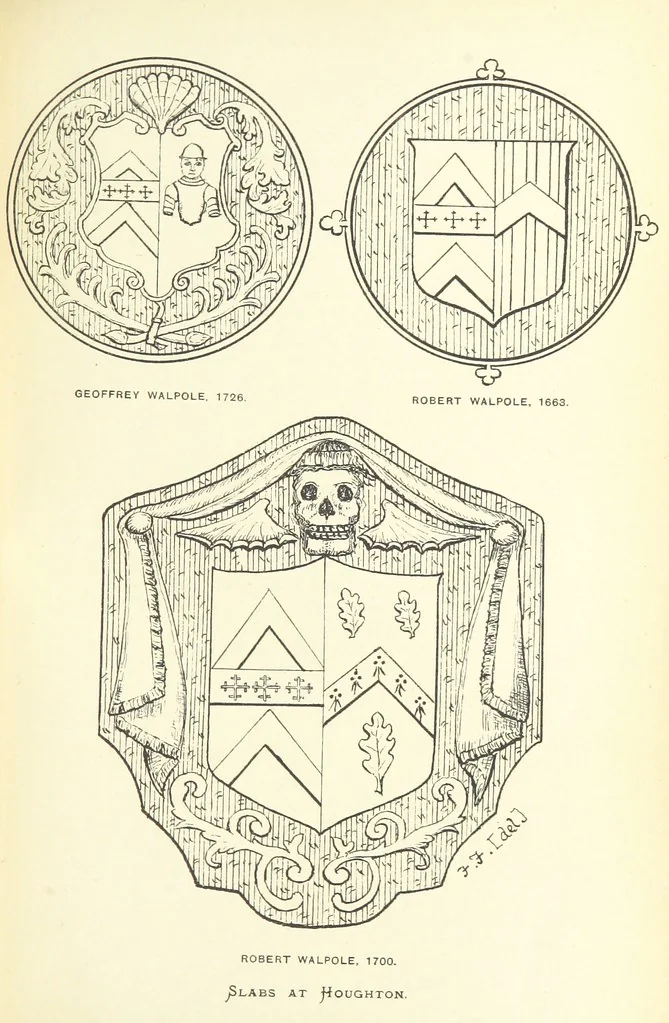 An illustration from The Church Heraldry of Norfolk: a description of all coats of arms on brasses, monuments, etc., now to be found in the county. Illustrated ... With Notes from the inscriptions attached, 1885, leaf 385