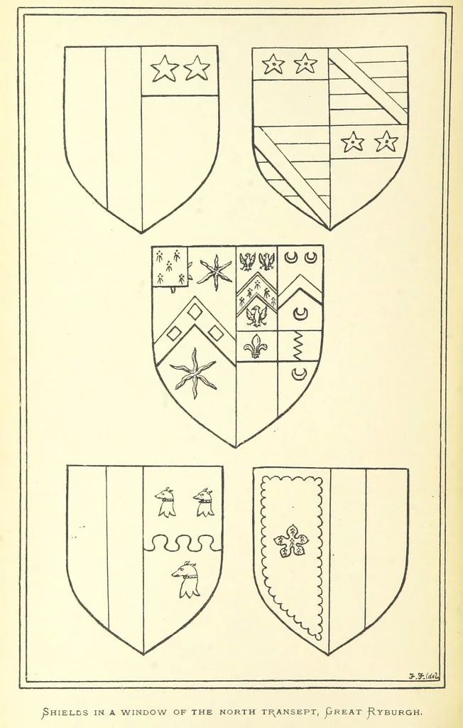 An illustration from The Church Heraldry of Norfolk: a description of all coats of arms on brasses, monuments, etc., now to be found in the county. Illustrated ... With Notes from the inscriptions attached, 1885, leaf 398