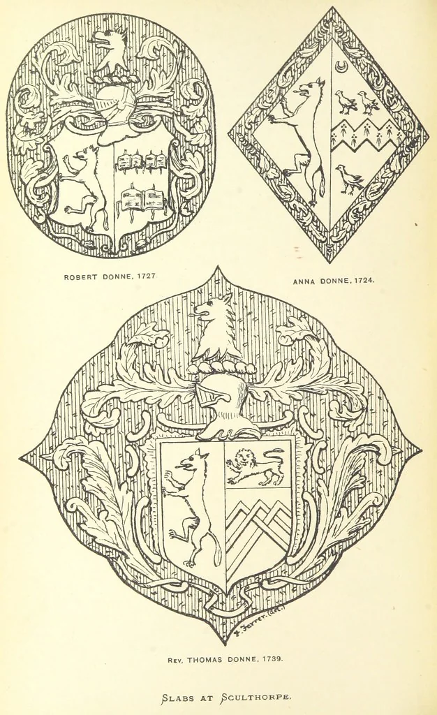 An illustration from The Church Heraldry of Norfolk: a description of all coats of arms on brasses, monuments, etc., now to be found in the county. Illustrated ... With Notes from the inscriptions attached, 1885, leaf 402
